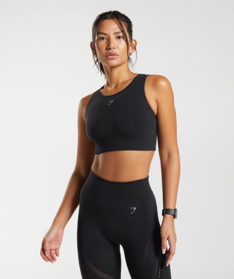 Women's Gymshark Warp Knit Cropped Tops Black | CA 836A7N